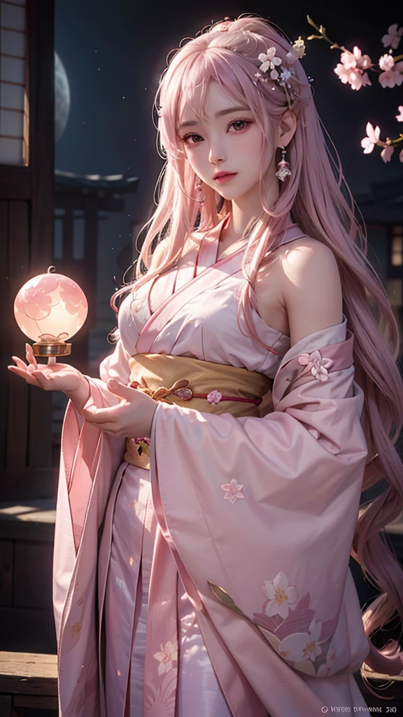 (Holding a glowing crystal ball in both hands)),Positive,Front composition,Upper Body,((Watching the audience)),A hyper-realistic, highly detailed, and high-resolution 16k image of a young, beautiful female ghost or guardian spirit. She has light pink hair and translucent skin, and is dressed in a traditional Japanese kimono with a small cherry blossom design on the obi. The image captures the ethereal beauty and mystique of the spirit world. Beautiful and delicate face,(Pink Moon),mysterious,Cherry Blossoms at Night, Symmetrical, front