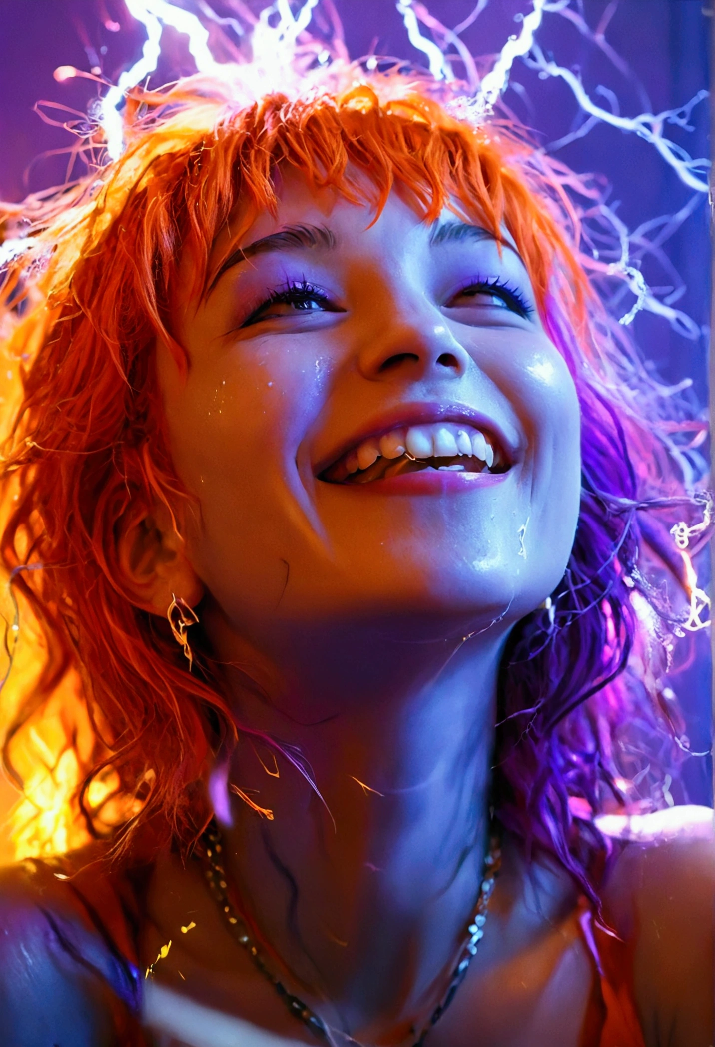 Thunder and lightning, Purple Hair, Aheiyan, A girl laughs, , Orange background, Milk chain