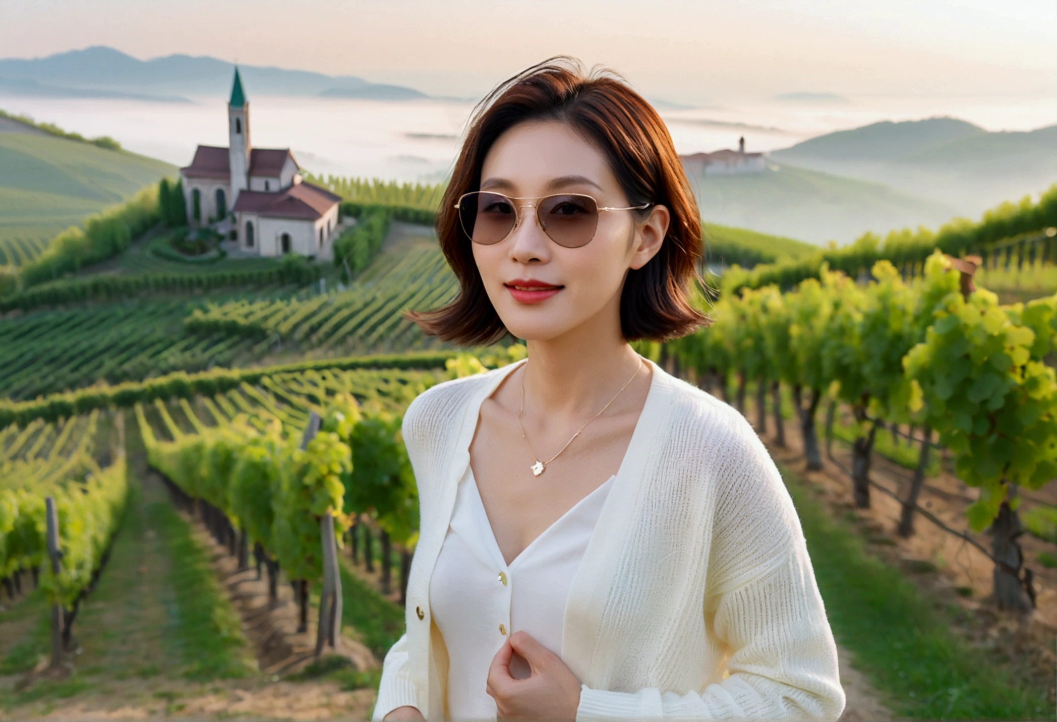 8k best picture quality, Beautiful 36-year-old Korean woman, Chest size 34 inches, northern italy countryside dawn, View of the cathedral next to the vineyards, The back background is realistic and vivid quality., Short hair, High-end luxury brand white shirt and cardigan, Wear casual pants, Smile slightly. the background is clear, It is spring, when grapes have not yet ripened. Standing on a hill on a curved path overlooking a vineyard covered in thick fog, Clear picture quality, Wear high-end luxury brand sunglasses, sunglasses with clear lines, Spring landscape without grapes, Well-groomed hair, Pretty and beautiful like a model, wearing a short cardigan. Well-groomed hair, Dress modestly