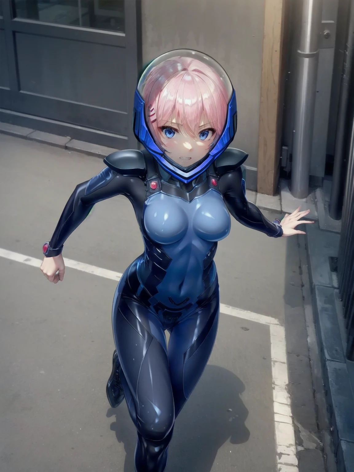 short hair, pink hair, street, emo,pink eyes, eyeliner, fortified suit, ((blue:1.5) plugsuit), short hair, (running fast:1.6),sweaty,clenched teeth,marathon event,looking ar forward,1),,asuka langley soryu, (souryuu asuka langley:1.2), short hair, bangs, blue eyes, brown hair, bodysuit, pilot suit, plugsuit, (red bodysuit:1.5, bubble helmet space helmet, from above