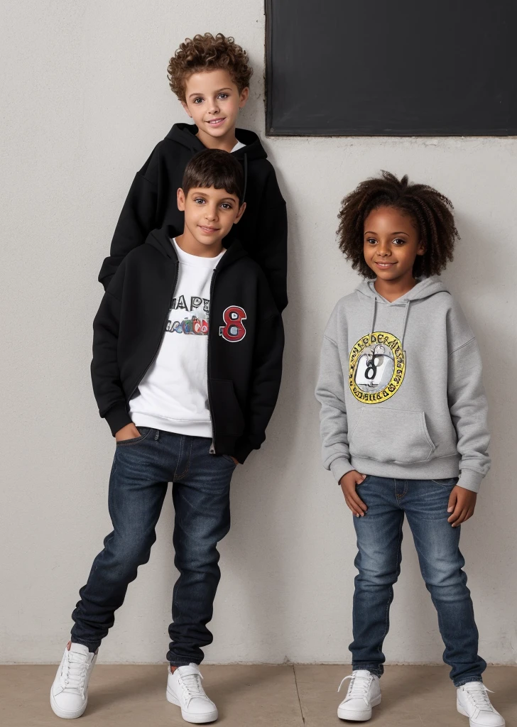 super realistico. A boy and an 8 year old girl wearing a black sweatshirt . round goka cakca jeans. White fundi.