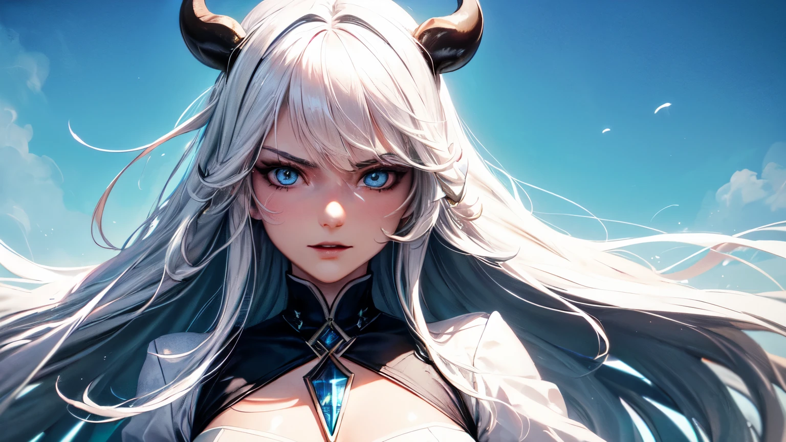 ((extremely detailed, 1 woman, 2 white horns, long white hair, flying hair, light blue eyes, evil face)), (epic white outfit with blue details, neckline), (battlefield, ice, blizzard, best shadows) , staring at the viewer