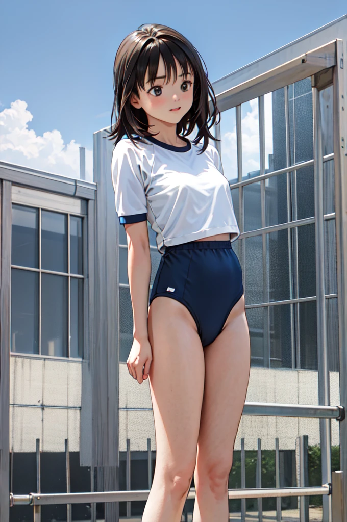 masterpiece, best quality, highres,yoshizuki_iori, buruma,gym uniform, standing, cowboy shot, outdoors,