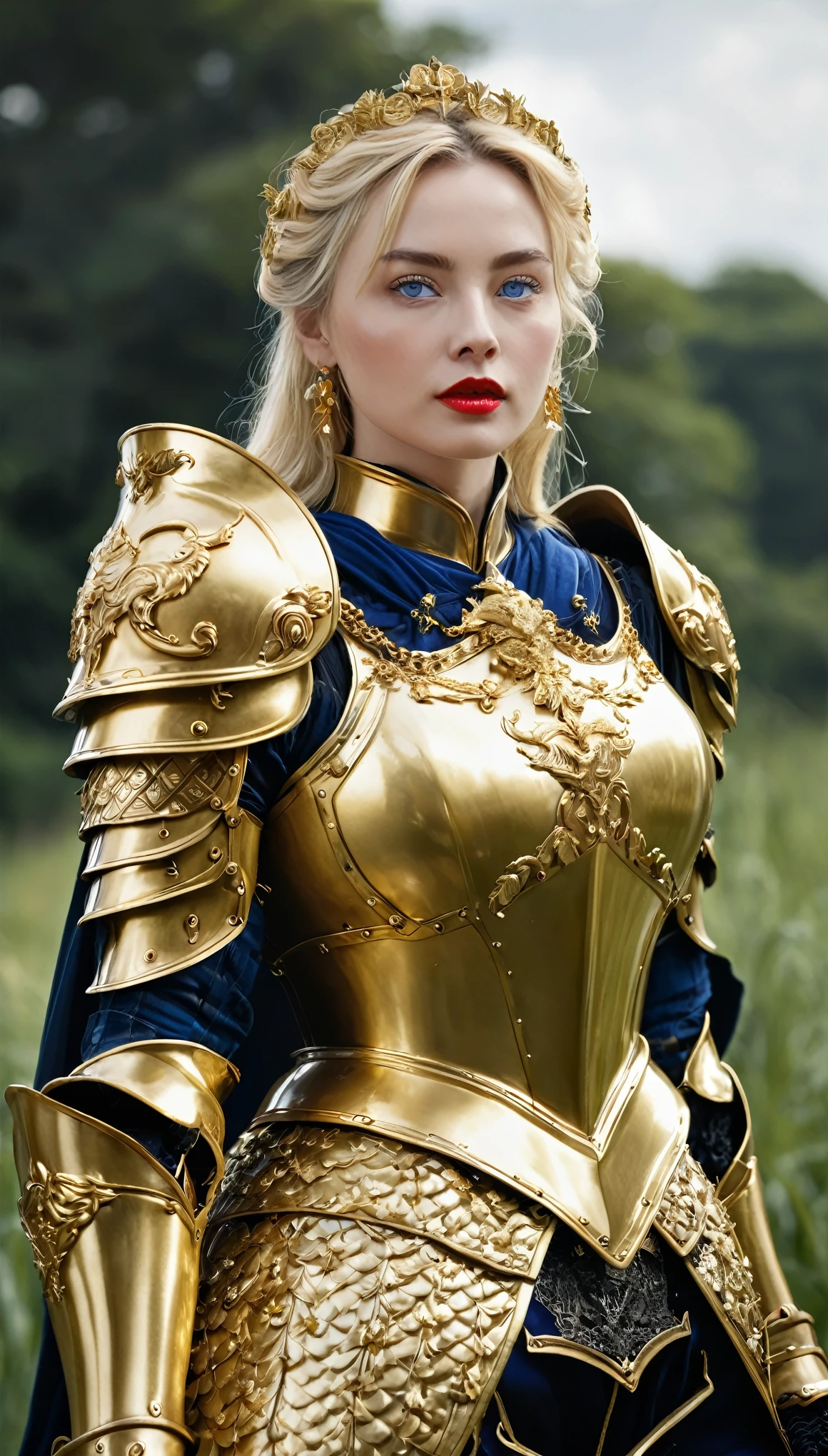 masterpiece,Highest quality,wonderful,(Female Knight_Female Knight:1),(Full body golden armor:1.3), (35歳のFemale Knight:1.3),、Big and ample breasts, Big Breasts,Big Breasts,belly button,Hyper Real,中世ヨーロッパの都市のbattlefieldにいる,Expressionless,、British women、Delicate skin texture to the smallest detail 、(Detailed blue eyes)、(Chubby body type))、(Very large)、Middle-aged women、(ふわふわblondeの長い髪)、Wheat tanned skin、(blonde)、Very large、European Female Knight、Big Breastsの谷間、豪華に装飾されたFull body golden armor、Medieval witch、High Leg、Golden long boots with flashy decorations、Deep neckline、Pure gold and jewellery necklaces and collars、Large gold earrings、Bright red lips、豪華なFull body golden armorを着て、Gold Long Gloves、She has a big long sword、The sword is ornately decorated..........................、The blade is pitch black、(Female Knight)、(battlefield)、