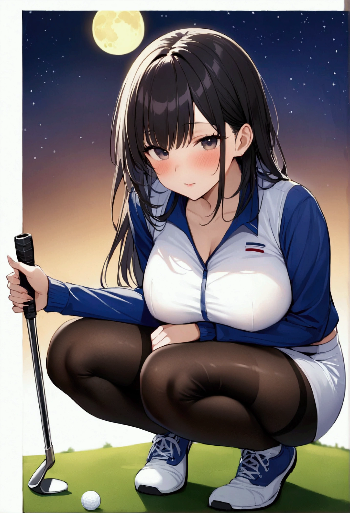 1 female、woman with very long black hair、Busty women、Spectacular views、Night Scene、The view from the top of the hill、Full moon night sky、swirling starry sky、8K、Best Quality、The woman's whole body is in the photo、The woman is wearing a miniskirt and her crotch is visible.、Standing motionless in golf wear, staring at the ball、The thong is transparent、Wearing pantyhose、With a golf club、Sitting squatting