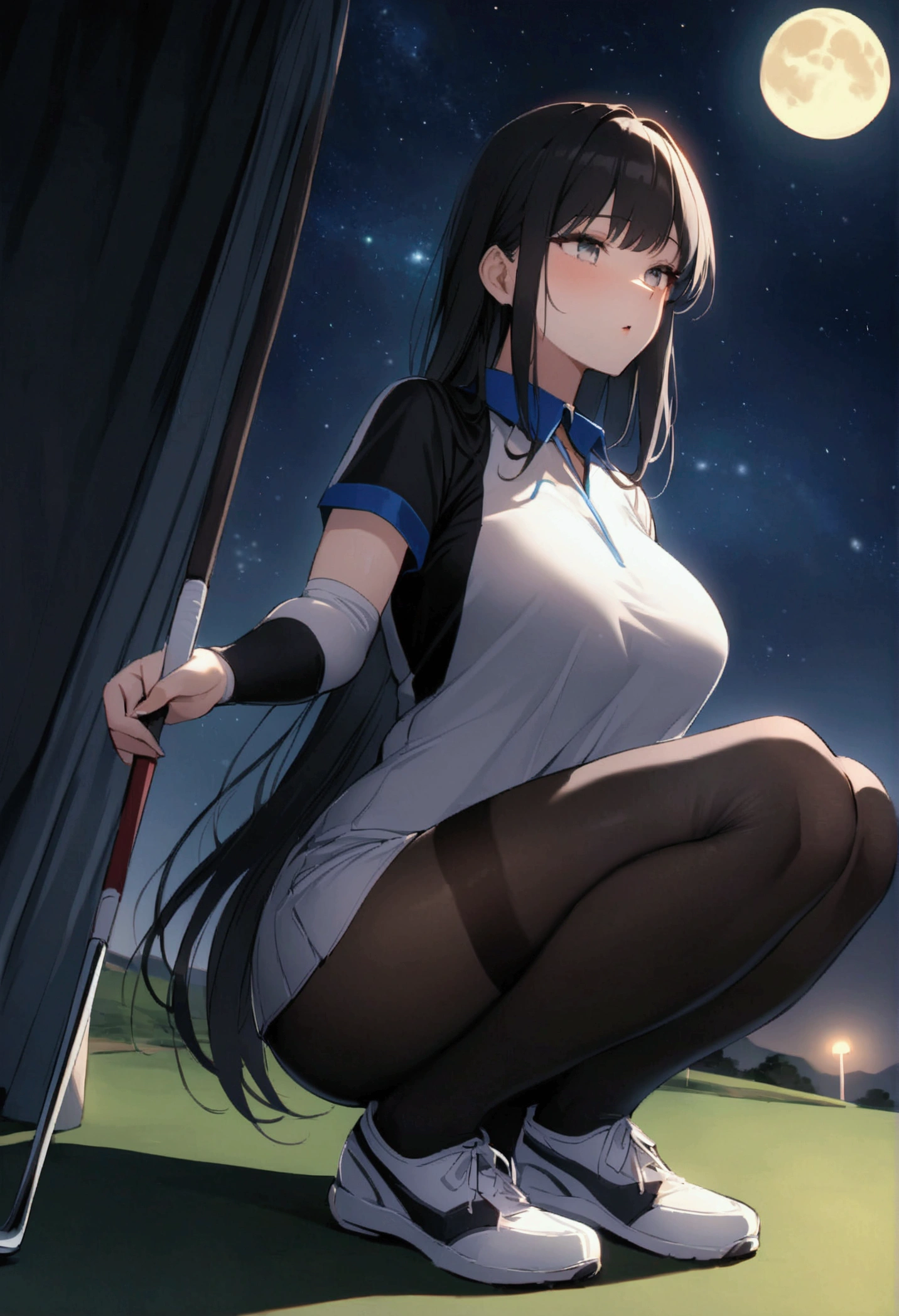 1 female、woman with very long black hair、Busty women、Spectacular views、Night Scene、The view from the top of the hill、Full moon night sky、swirling starry sky、8K、Best Quality、The woman's whole body is in the photo、The woman is wearing a miniskirt and her crotch is visible.、Standing motionless in golf wear, staring at the ball、The thong is transparent、Wearing pantyhose、With a golf club、Sitting squatting