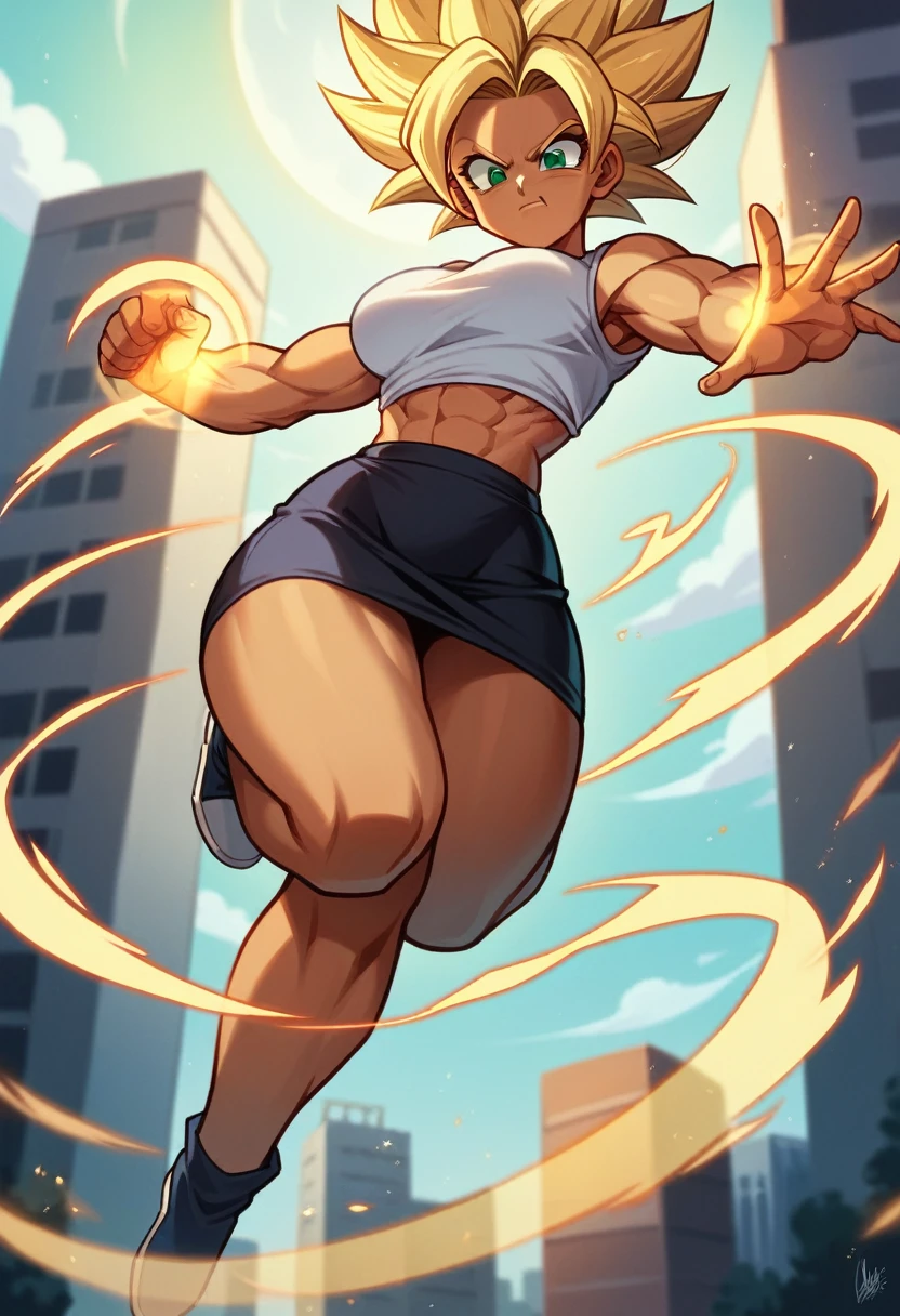 1 girl ,Saiyan naked, strong blonde hair spiked up, green eyes,slim, thin waist, wide hips, brown skin color, medium breasts, white top, short black skirt, the character is flying, standing, the location is a city, raising your ki, fists closed, aura around, charging aura,raising your aura, closed fists, aura around, energy around , super saiyan two ,immense yellow aura around , yellow rays ,