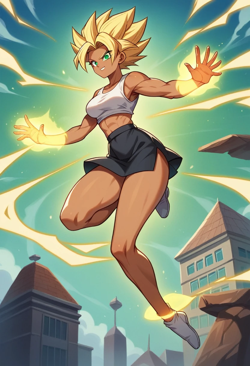 1 girl ,Saiyan naked, strong blonde hair spiked up, green eyes,slim, thin waist, wide hips, brown skin color, medium breasts, white top, short black skirt, the character is flying, standing, the location is a city, raising your ki, fists closed, aura around, charging aura,raising your aura, closed fists, aura around, energy around , super saiyan two ,immense yellow aura around , yellow rays ,