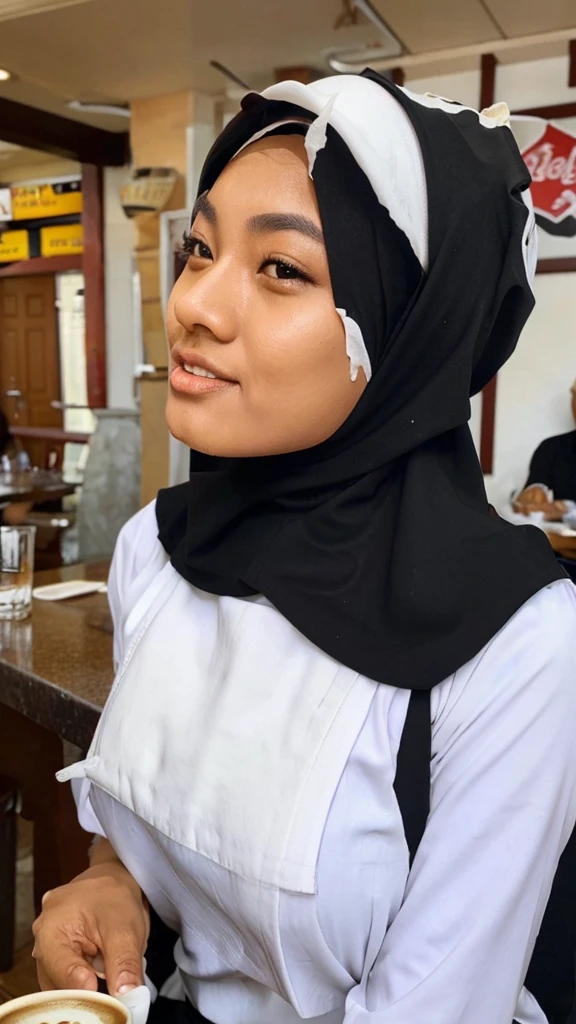A beautiful Asian girl in a hijab wearing a black white maid outfit is serving an old man in a cafe And coffee spilled on her chest