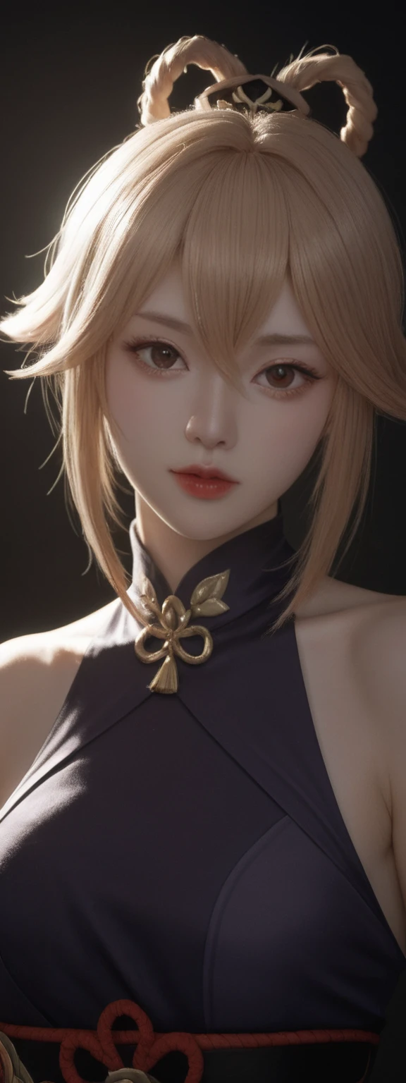  score_9, score_8_up, score_7_up, score_6_up,
 1girl, solo, from front, upper body, Kuki shinobu  \(genshin impact\), black background, makeup, sidelighting, backlighting, glowing, 