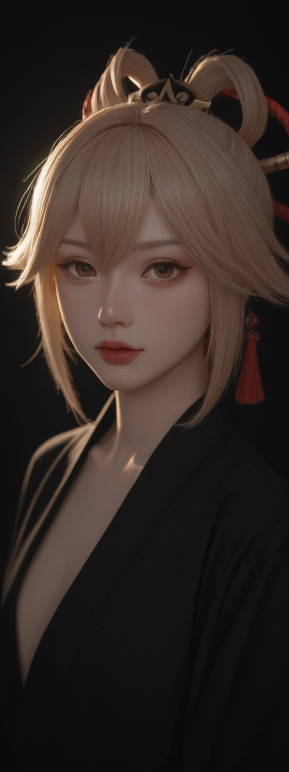  score_9, score_8_up, score_7_up, score_6_up,
 1girl, solo, from front, upper body, Kuki shinobu  \(genshin impact\), black background, makeup, sidelighting, backlighting, glowing, 