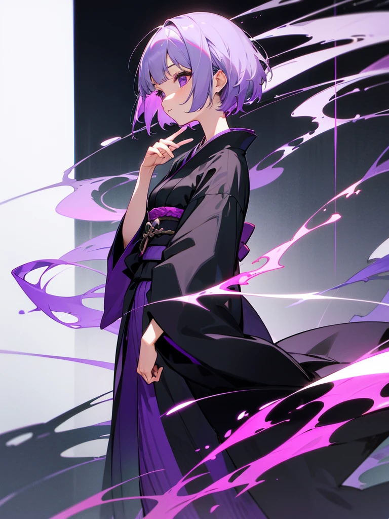 Short Hair、Gray hair with purple tips、She is wearing a completely black kimono with no purple in it.
