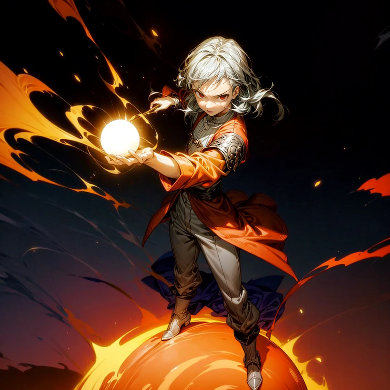 1boy, muscle, Full body version, 1character, red eyes, long haircut, silver colour hair, Ancient Roman clothing, Grassroots, full background in square Castleford, motion blur, lighting, (one piece art), standing gesture, boots, long pants, armors, big ball flame on hand, smoke effect, Fire effect on background, plasma effect, blood on face, high angle view 