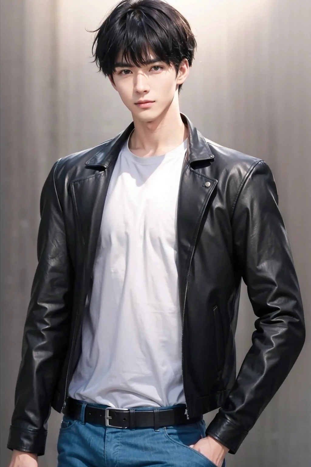 at office，wearing black leather coat，two block haircut, Attractive man，Live-action photo，Handsome and sunny，（SLR effect，Reality，8K，Hyper-detailing，Absolute realism）
