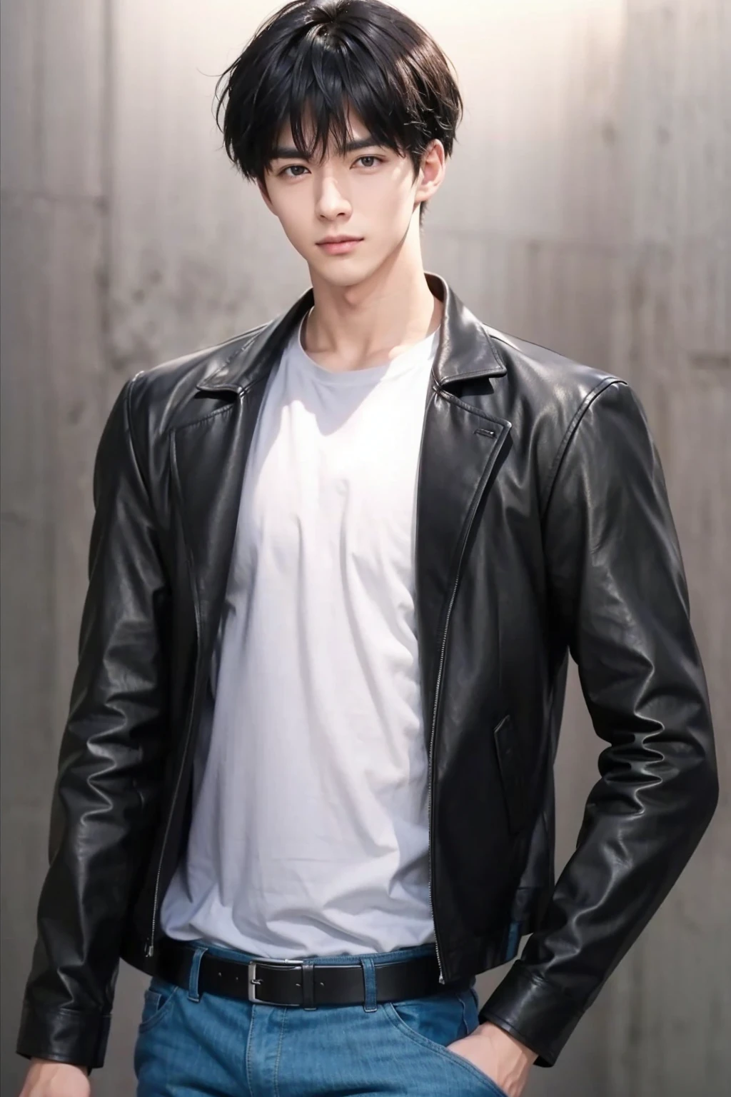 at office,wearing black leather coat,two block haircut, Attractive man,Live-action photo,Handsome and sunny,(SLR effect,Reality,8K,Hyper-detailing,Absolute realism)