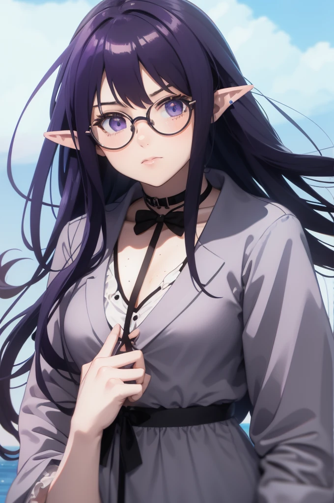 This is a closeup of an anime girl standing with her hand on her head, 1 girl, alone, freckles, glasses, blue hair, long hair, pointed ears, round glasses, hair bow, "purple bow on head" clear", choker, black choker, bangs. He drowned. :)