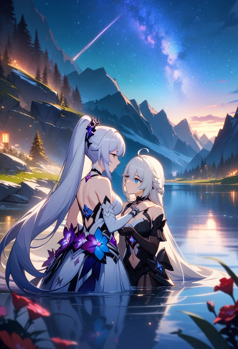 a beautiful detailed yuri scene of 2girls, Kiana Kaslana \(Herrscher of Finality)\ and Raiden Mei \(APHO)\, (Honkai Impact 3rd), very long hair, ponytail, in a scenic landscape with mountains, a lake, and a starry nebula sky, romantic atmosphere, head another's shoulders, (best quality,4k,8k,highres,masterpiece:1.2),ultra-detailed, studio lighting, extremely detailed environment, vibrant colors, cinematic lighting