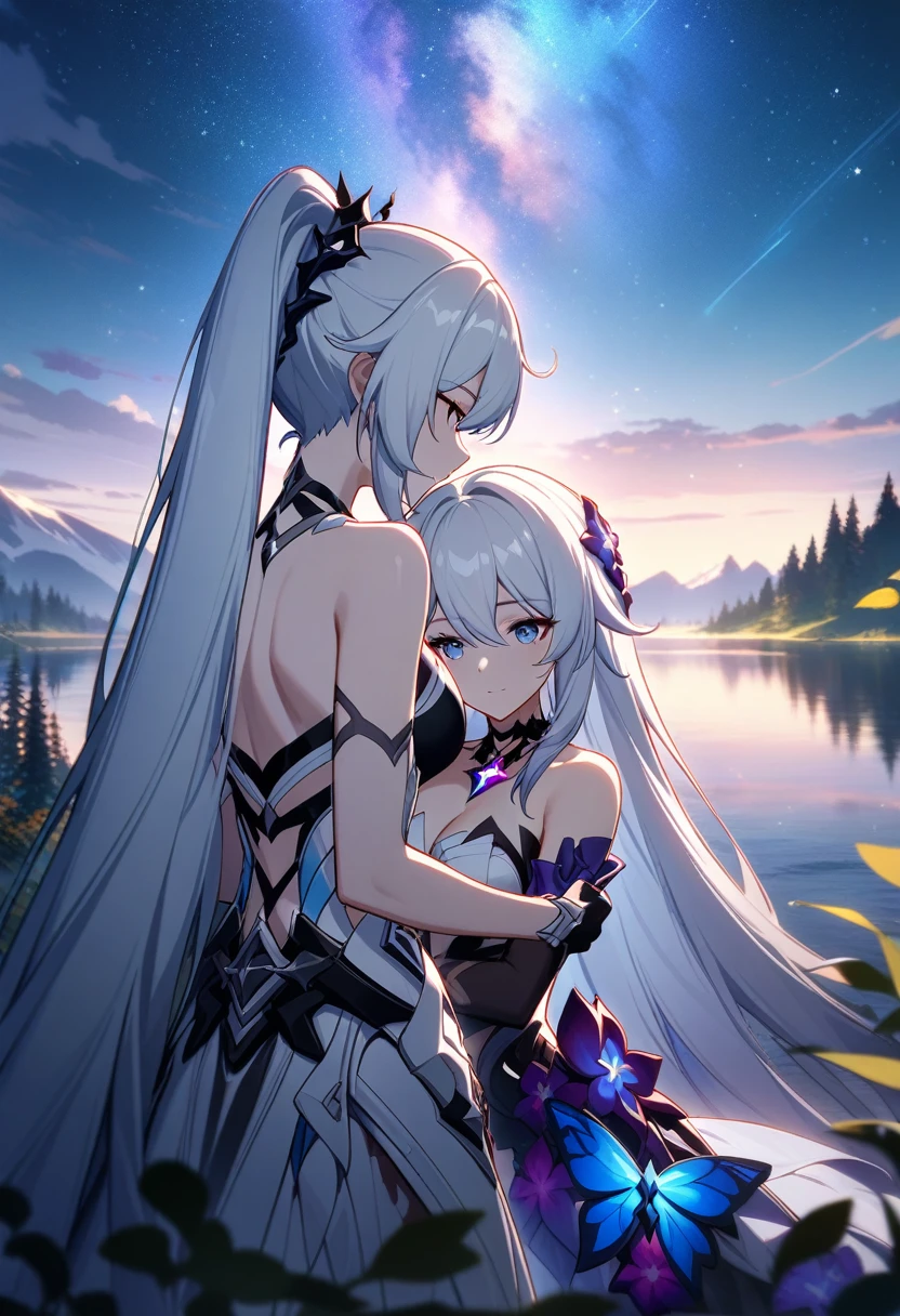 a beautiful detailed yuri scene of 2girls, Kiana Kaslana \(Herrscher of Finality)\ and Raiden Mei \(APHO)\, (Honkai Impact 3rd), very long hair, ponytail, in a scenic landscape with mountains, a lake, and a starry nebula sky, romantic atmosphere, head another's shoulders, (best quality,4k,8k,highres,masterpiece:1.2),ultra-detailed, studio lighting, extremely detailed environment, vibrant colors, cinematic lighting