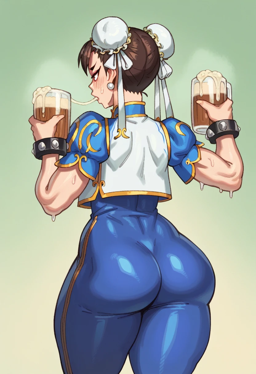 (masterpiece, best quality:1.3), 1female, solo, wide hips, thick thighs, chun-li, from behind, sweaty,  sweaty body, large mug full of smegma, smelly smegma, sour expression, holding nose, perfect face, glass mug, drinking from mug, mug focus, drinking smegma, portrait shot, 1/3 view