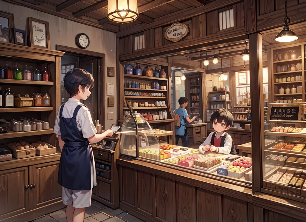In sweet shop a young boy  shopkeeper  who stand in his shop and a villager young boy who gave money to shopkeeper and shopkeeper pick to him money
