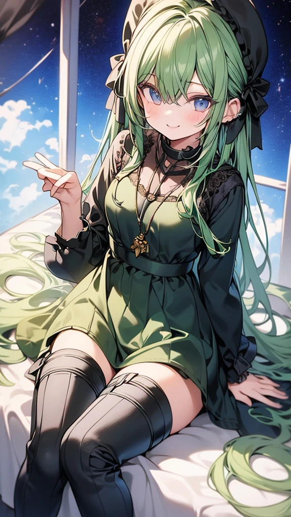 1  girl, high, loner, room, hugs, toy, thigh high boots, long hair, green hair, smile, Cute picture, casual wear, bed, sit on the bed, stockings, window. Огромное пространство, плюшевая игрушка, 
ultra quality, details, 