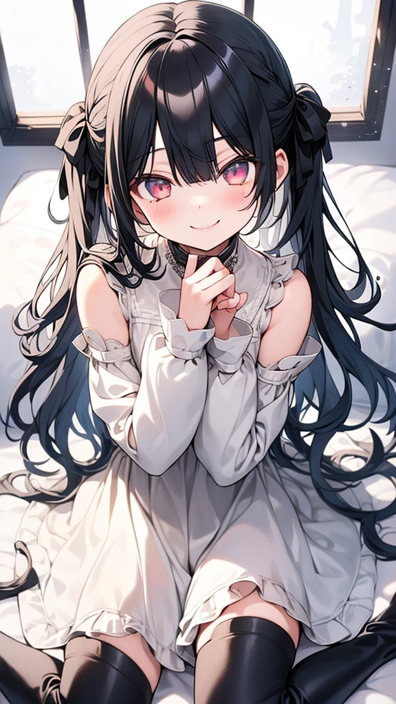 1  girl, high, loner, room, hugs, toy, thigh high boots, long hair, green hair, smile, Cute picture, casual wear, bed, sit on the bed, stockings, window. Огромное пространство, плюшевая игрушка, 
ultra quality, details, 