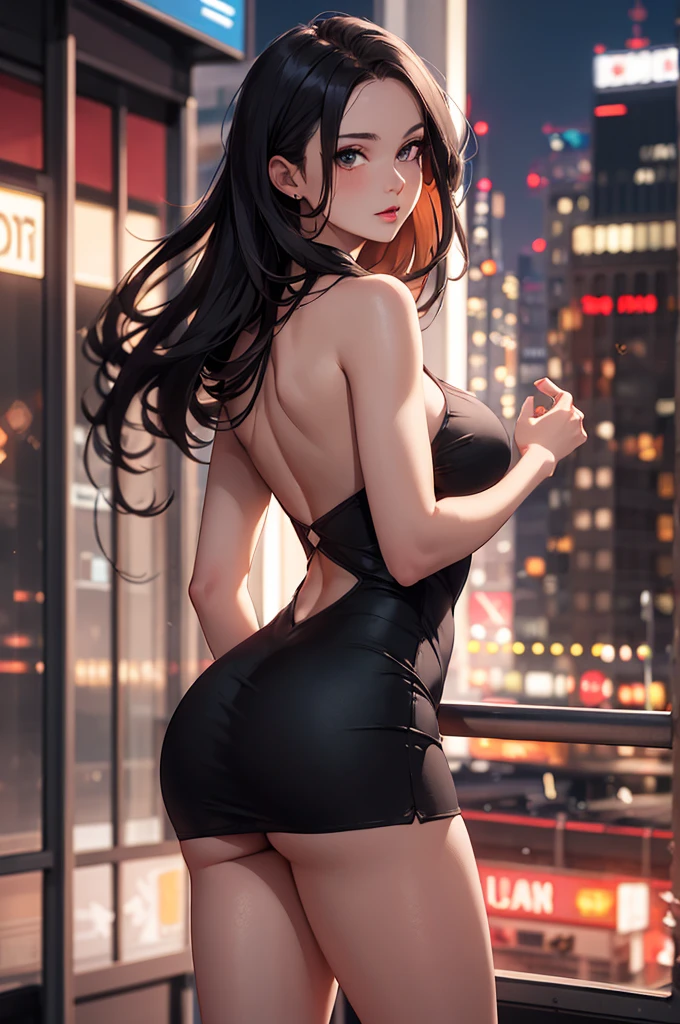 masterpiece, best quality, shadows, perfect hands, perfect legs, perfect anatomy, pretty face, mature features, 1 girl, 21 years old, mature woman, sexy black dress, city night background, white long hair, thighs, ass, breast, seductive, spicy, posing, cinematography lights, touching butt