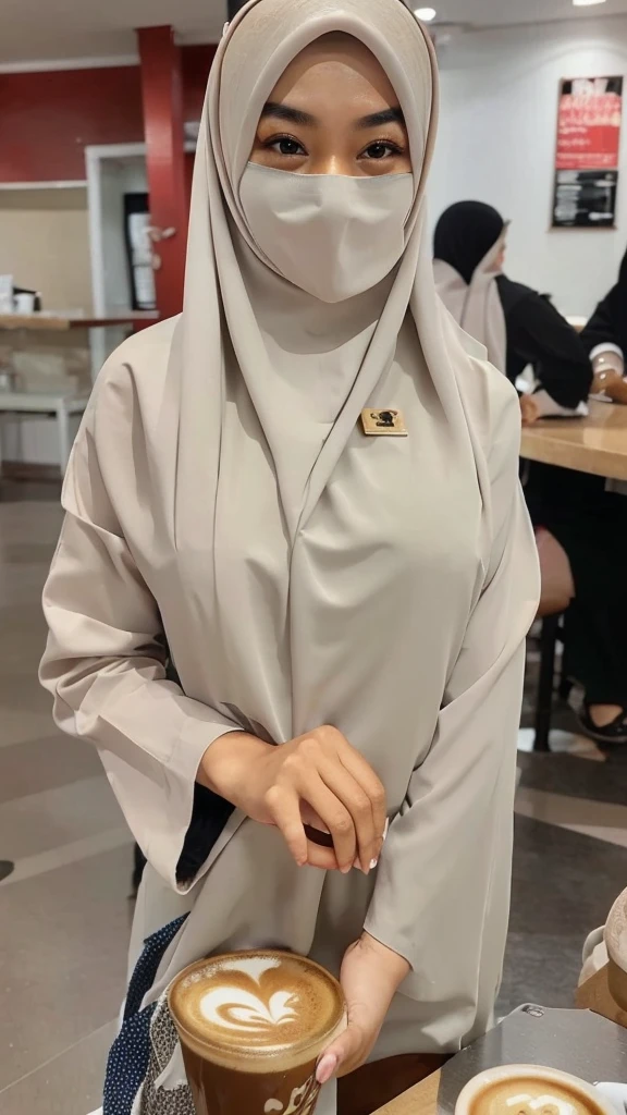 A beautiful Asian girl in a long hijab wearing a maid outfit is serving an old man in a cafe And coffee spilled on her chest
