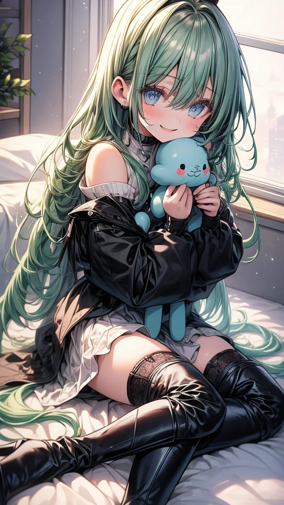 1 girl, high, loner, room, hugs, toy, thigh high boots, long hair, green hair, smile, Cute picture, casual wear, bed, sit on the bed, stockings, window. Огромное пространство, плюшевая игрушка,
ultra quality, details,