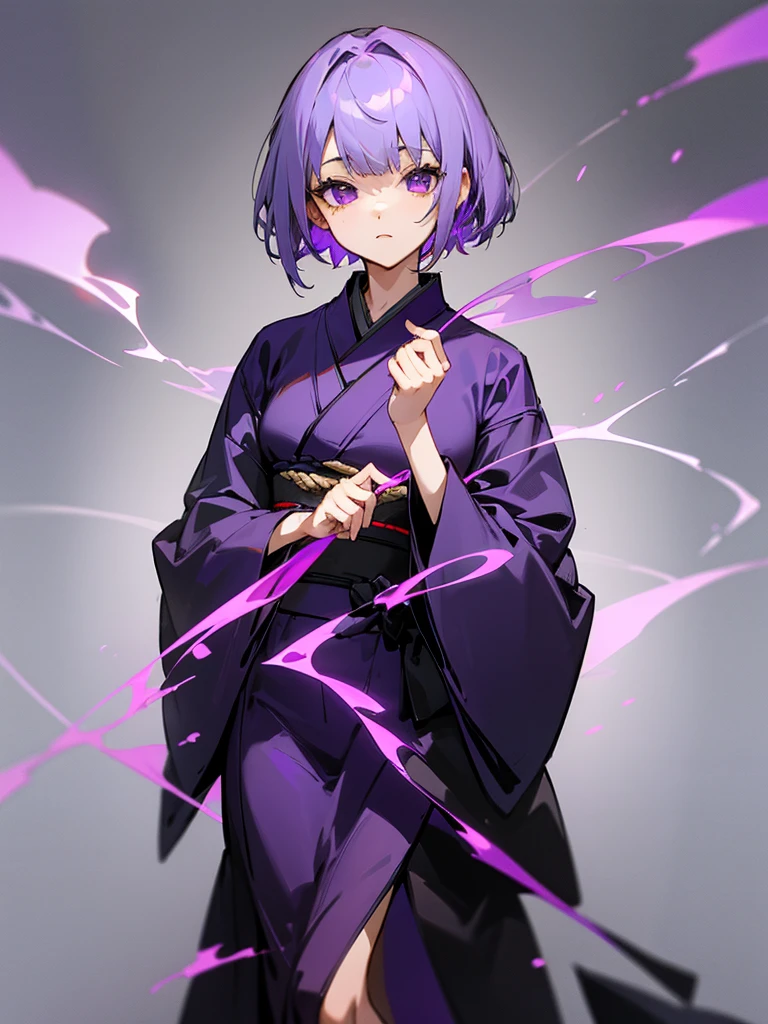 Short Hair、Gray hair with purple tips、She is wearing a completely black kimono with no purple in it.、A purple robe bordered in gold