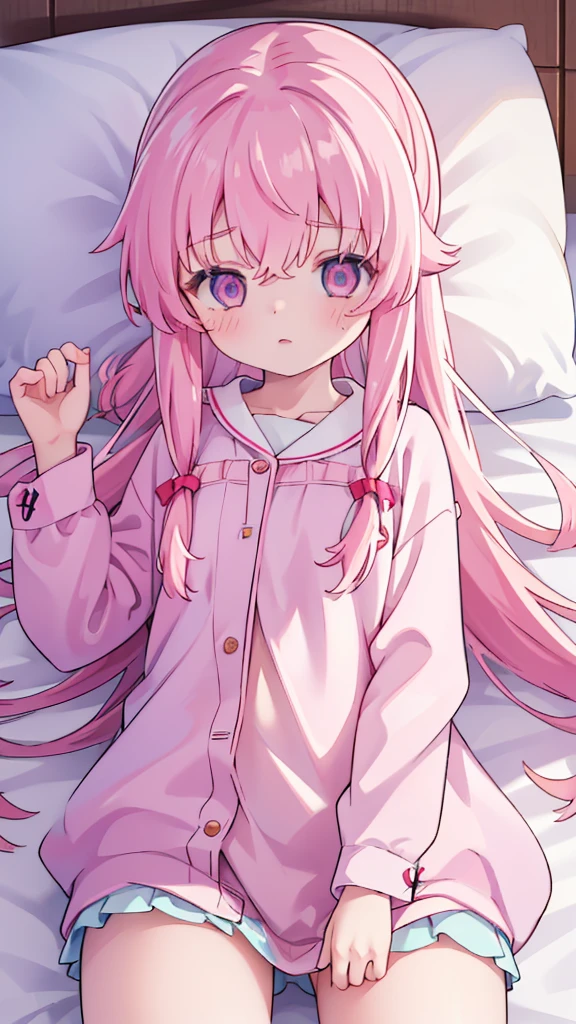 1girl solo pink hair, pink eyes with love, detailed eyes, cute eyes, straight hair, long hair, straight bangs, shiny hair, pink pajamas and white long, sleeves, sleeping, closed eyes, sleeping side way on a white bed with a pink pillow, dark beacause its night, the only thing that have light is the lamp, high-definition,masterpiece, masterpiece, best quality, high resolution, aabeta, cute, close up photo(PastelColors: 1.3)