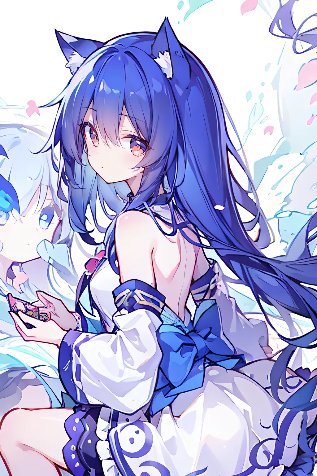 (masterpiece:1.2),Super detailed,lifelike,Expressive eyes,fair skin,perfect face shape,1 girl,
Japanese comics,Gorgeous blue hair,flowing blue hair,flowing clothes,Cat ears,Petals fall,beautiful lola,Baby Angel,
Shaking head with one hand,Cross your legs,,The pavilion is cool and comfortable,smile,back views,sunrise,Petals fall