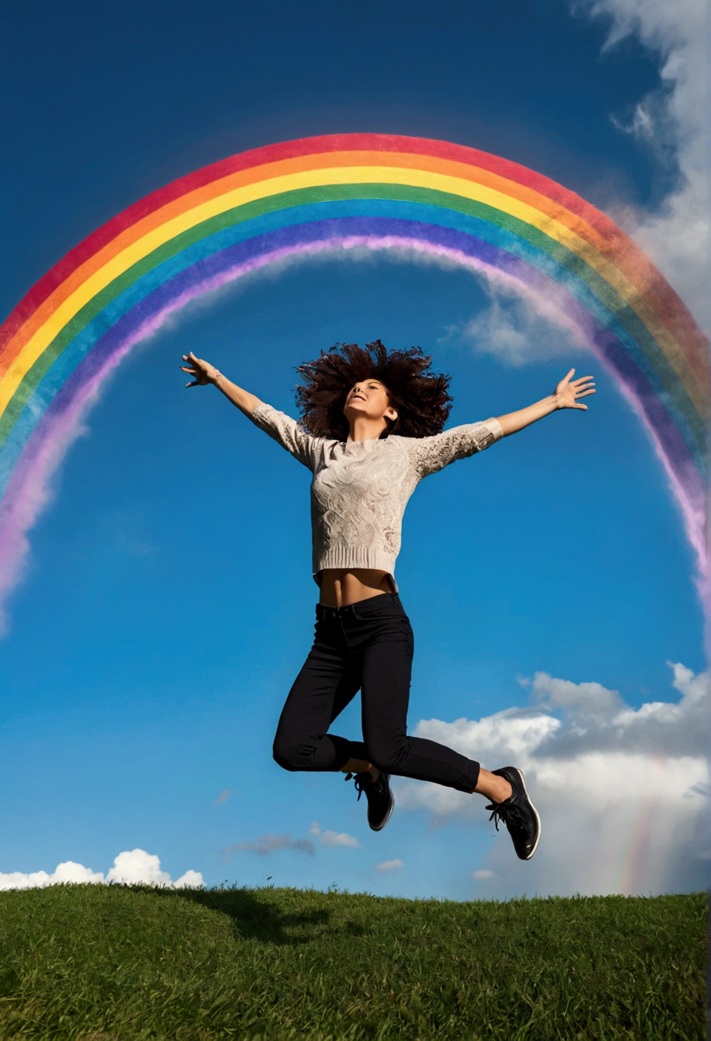 A woman jumping towards a rainbow sky
