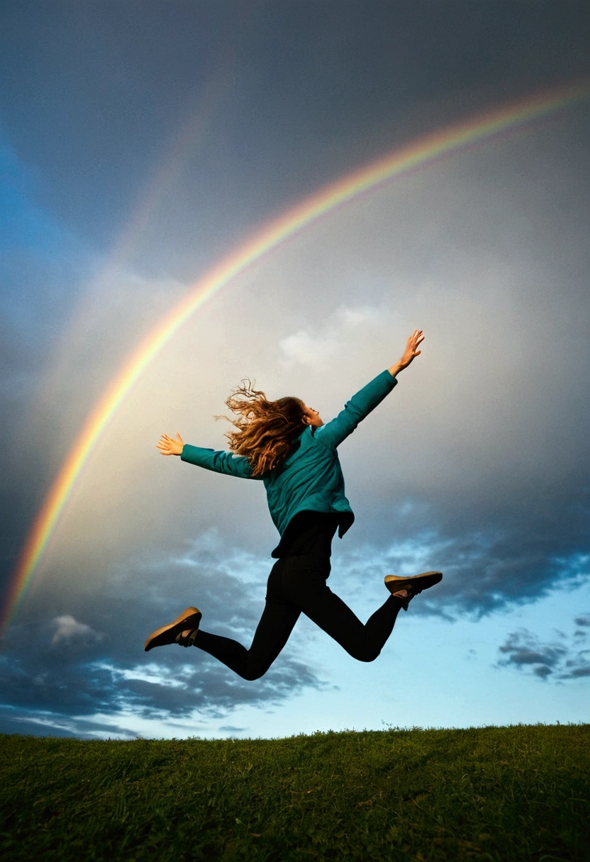 A woman jumping towards a rainbow sky