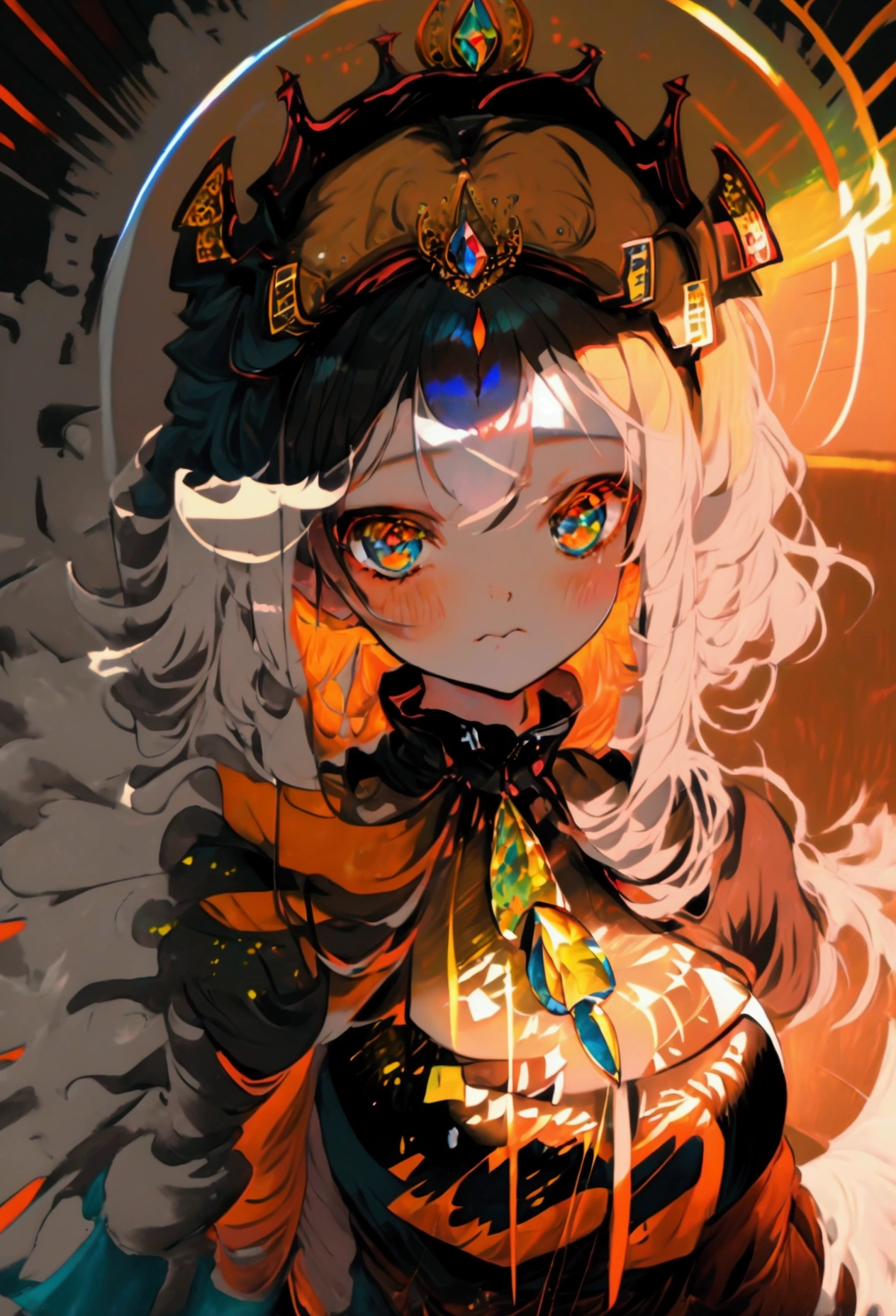 generates a girl with a loose king's suit, a red silk cape embroidered with cotton, black slippers and white pantyhose, a 7-pointed crown made up of 7 green crystal rhombuses and a reddish crystal in the center of the crown. sitting on an oak throne in the shape of a dragon with long, curved horns on the sides of the throne. brown hair and orange tones and cobalt blue eyes and black pupils of charcoal color and shiny tones around them like those of a diamond. the costume covers her neck so much that it gives the impression of having fat cheeks with a red blush, giving the impression of pouting; and also, giving an imposing expression. He carries a golden staff with a greenish crystal.