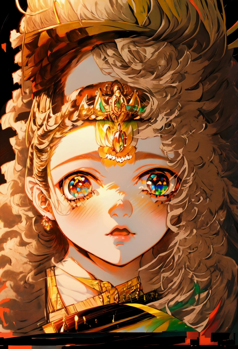 generates a girl with a loose king's suit, a red silk cape embroidered with cotton, black slippers and white pantyhose, a 7-pointed crown made up of 7 green crystal rhombuses and a reddish crystal in the center of the crown. sitting on an oak throne in the shape of a dragon with long, curved horns on the sides of the throne. brown hair and orange tones and cobalt blue eyes and black pupils of charcoal color and shiny tones around them like those of a diamond. the costume covers her neck so much that it gives the impression of having fat cheeks with a red blush, giving the impression of pouting; and also, giving an imposing expression. He carries a golden staff with a greenish crystal.