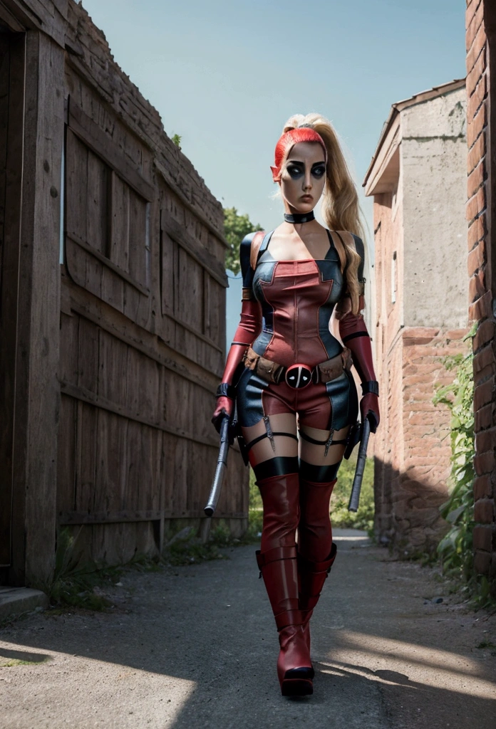 Beautiful and sensual Lady Deadpool in red and black gothic warrior. Lady Deadpool, black shirt with striped sleeves, denim jacket, denim shorts, denim skirt, black stockings, brown boots, mid riff, white gloves, long blonde hair, ,ruanyi0788,garter belt,garter straps,lingerie,latex,underboob,black bra,thigh strap, bandeau, harem outfit,detached sleeves, bridal gauntlets, red footwear