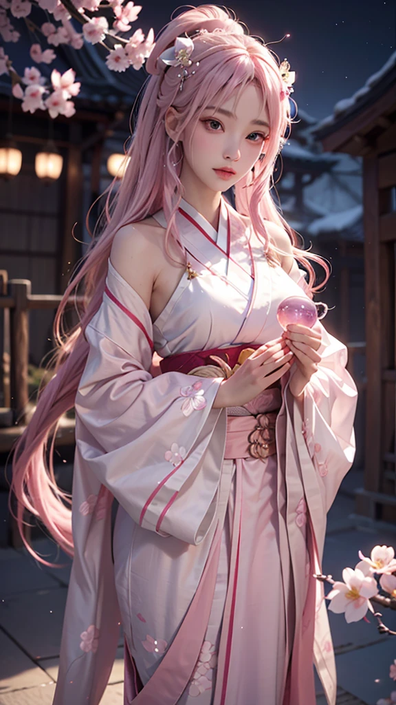 (Holding a glowing crystal ball in both hands)),Upper Body,((Watching the audience)), She has light pink hair and translucent skin, and is dressed in a traditional Japanese kimono with a small cherry blossom design on the obi. The image captures the ethereal beauty and mystique of the spirit world. Beautiful and delicate face,(Pink Moon),mysterious,Cherry Blossoms at Night, Symmetrical, front