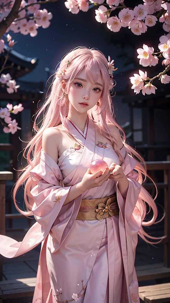 (Holding a glowing crystal ball in both hands)),Upper Body,((Watching the audience)), She has light pink hair and translucent skin, and is dressed in a traditional Japanese kimono with a small cherry blossom design on the obi. The image captures the ethereal beauty and mystique of the spirit world. Beautiful and delicate face,(Pink Moon),mysterious,Cherry Blossoms at Night, Symmetrical, front