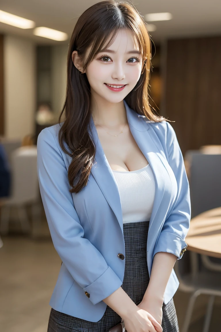 Stewardess uniform, Highest quality, shape, Very detailed, In detail, High resolution, 8k wallpaper, Perfect dynamic composition, Beautiful details, Natural Lip, stewardess costume, , Cleavage, Siling in a cute pose.., A masterpiece of the whole body, Side Short