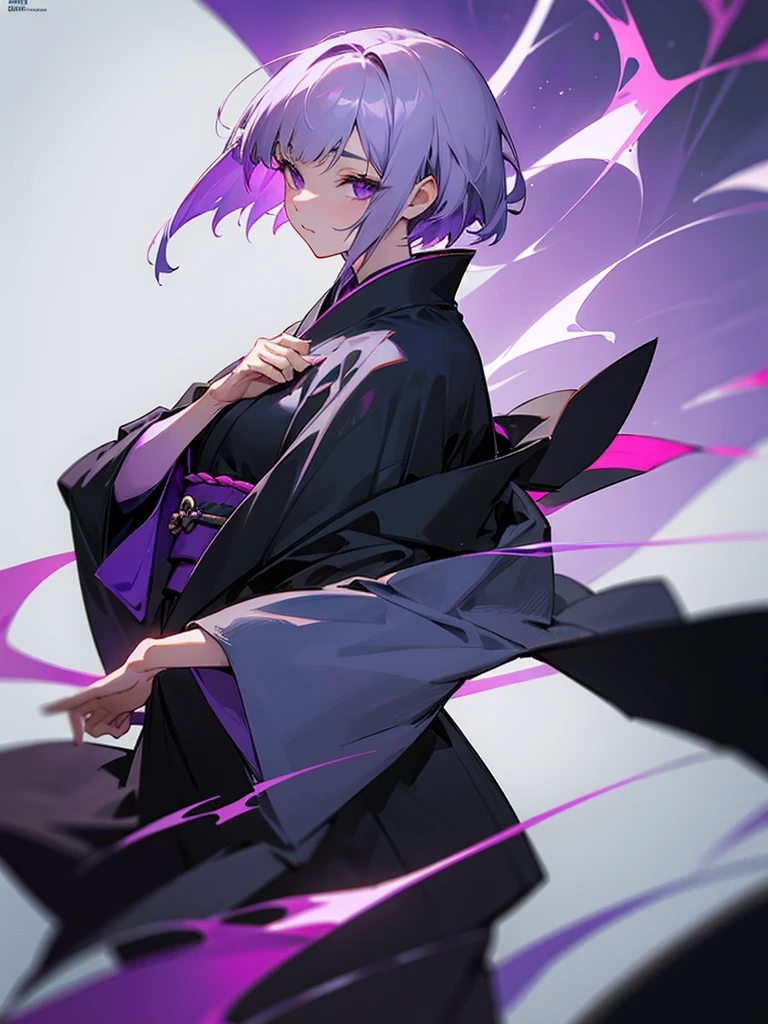 Short Hair、Gray hair with purple tips、She is wearing a completely black kimono with no purple in it.、Robe