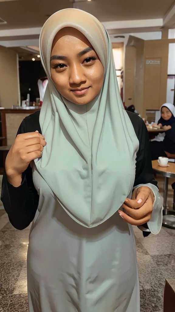 A beautiful Asian girl in a long hijab wearing a maid outfit is serving an old man in a cafe And coffee spilled on her chest 