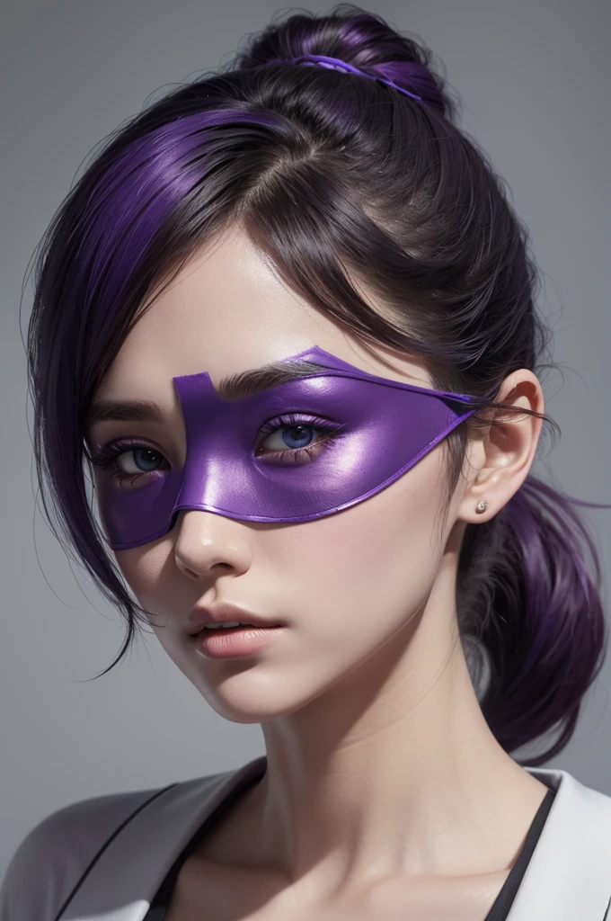 Free fire character with hair tied in a ponytail, purple blouse is dark blue, face with white foundation, purple face band to cover the eyes