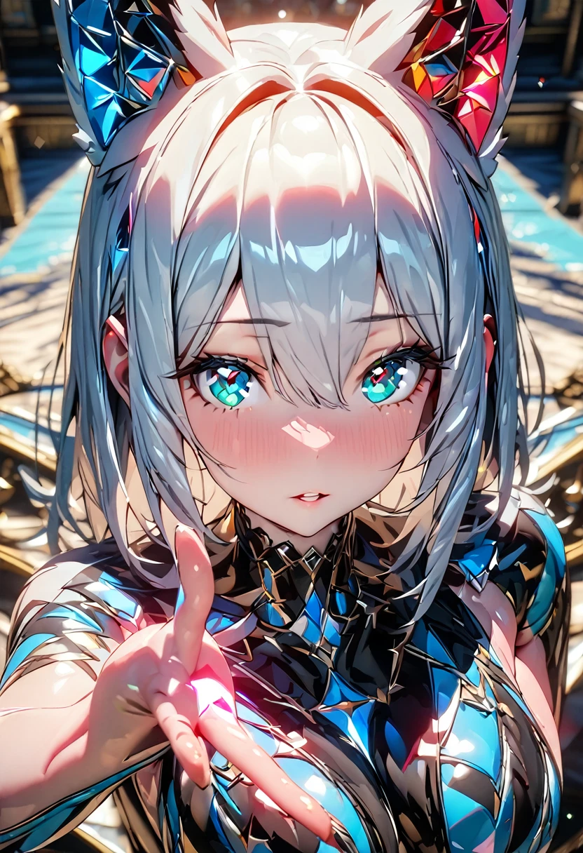 1 beautifull kitsune queen, hands behind, hairs covering ears,blonde hairs, french braid, hair hide ear, hime cut, very long hair, heart-shaped pupils, animal ears,european face, fox ears,"long orange fox ears with black tips", covering ears, kemonomimi mode,tail emanating(9 tails fox),huge tits, large hips,((fully clothed)),miku clothes, no nsfw, high detail, depth of field, masterpiece, anatomically correct, high quality, award winning,(masterpiece, best quality),sunny,((extremely detailed background)), traditional temple, facing viewer,action pose,Beautiful Finger,Beautiful long legs,Beautiful body,Beautiful Nose, perfect face,(mature:1.1),(milf:1.1),(mature female:1.3),make up,parted lips,(shiny skin:1.3),(perfect female body:1.2),(gorgeous detailed skin),(detailed hair), masterpiece, high quality, highres, absurdres,(beautiful and aesthetic:1.2), beautiful hand, 4k, 8k, perfect balance, detailed aqua eyes, perfect eyes, expressive eyes, looking at viewer, expressionless, ray_tracing,intricate details,depth of field, extremely delicate and beautiful, (Beautiful,), (beautiful_face:1.5),((Extremely detailed CG unit 8k wallpaper, Masterpiece, high resolution, top quality, top qualityのリアルテクスチャスキン))