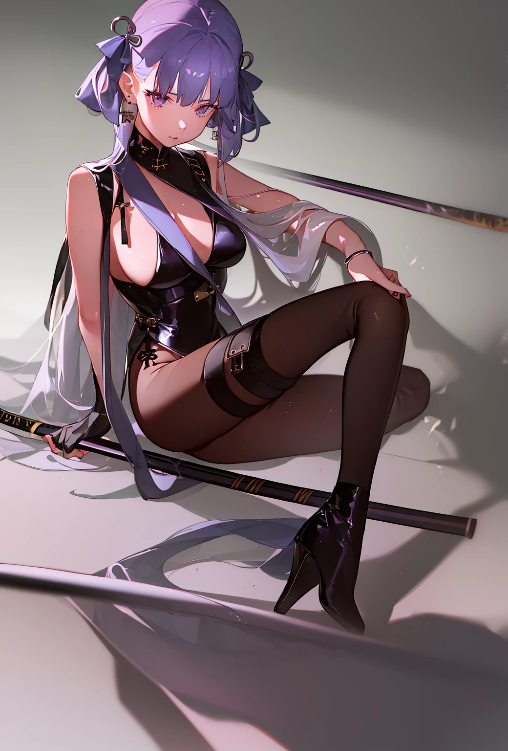 1girl,solo,masterpiece,high quality,highres,best quality,detailed,dnfspectre,black leotard,breasts,pantyhose,black gloves,earrings,jewelry,cleavage,looking at viewer,sunglasses,holding,leotard,high heel boots,katana,