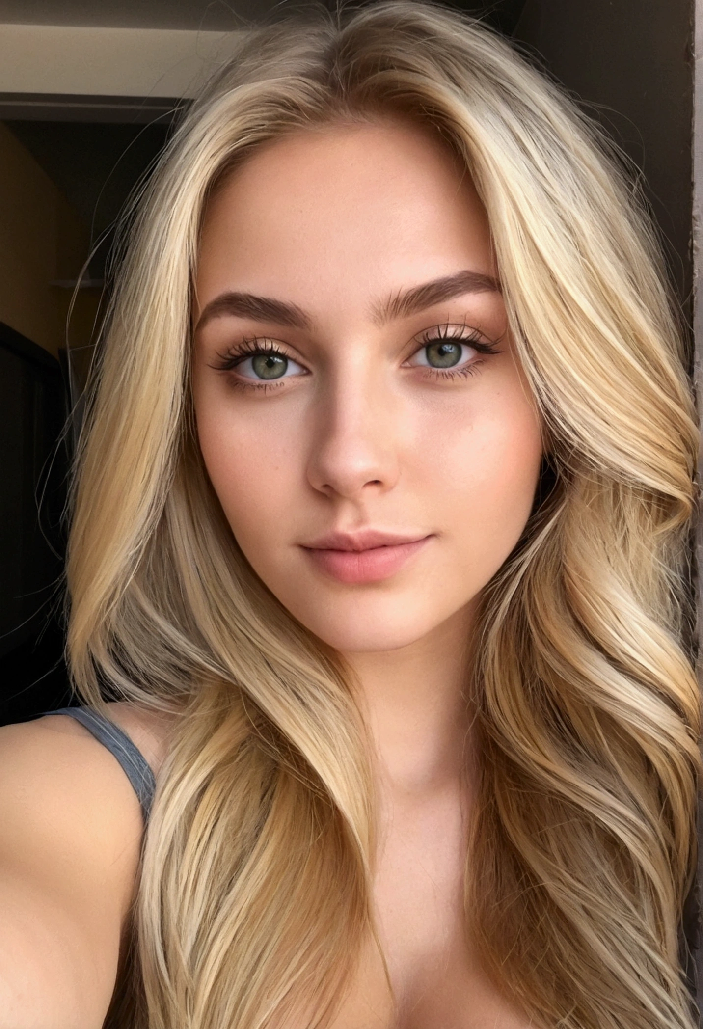 une belle fille blonde de 25 ans aux yeux verts, Longs cheveux blonds, sitting on her allumé, prendre une jolie photo de selfie, proportion parfaite du corps, porter un outfit, traits du visage détaillés, Une peau impeccable, éclairage naturel, tons chauds, 1fille, Visage détaillé, chef-d'œuvre, Yeux détaillés, Lèvres détaillées, belle peau, éclairage naturel, couleurs chaudes, alluméroom, allumé, iPhone, photo de selfie, ville, sexy pose, big natural breasts, saggy breasts,