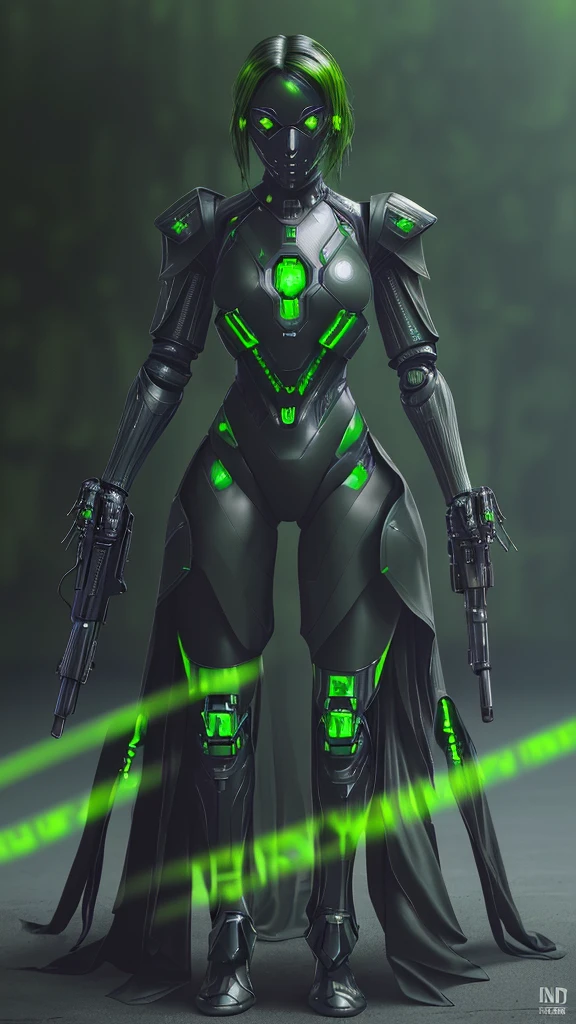 there is a woman in a black suit holding a gun, goth cyber suit, metallic green armor, dressed in stealth armor, green armor, dressed in cybernetic armor, black fire colored reflected armor, bionic armor, cyber suit, cyber fighting armor, Biological armor, cyber suit, corrupted armor, dressed in sci-fi military armor, cyberpunk costume, bionic