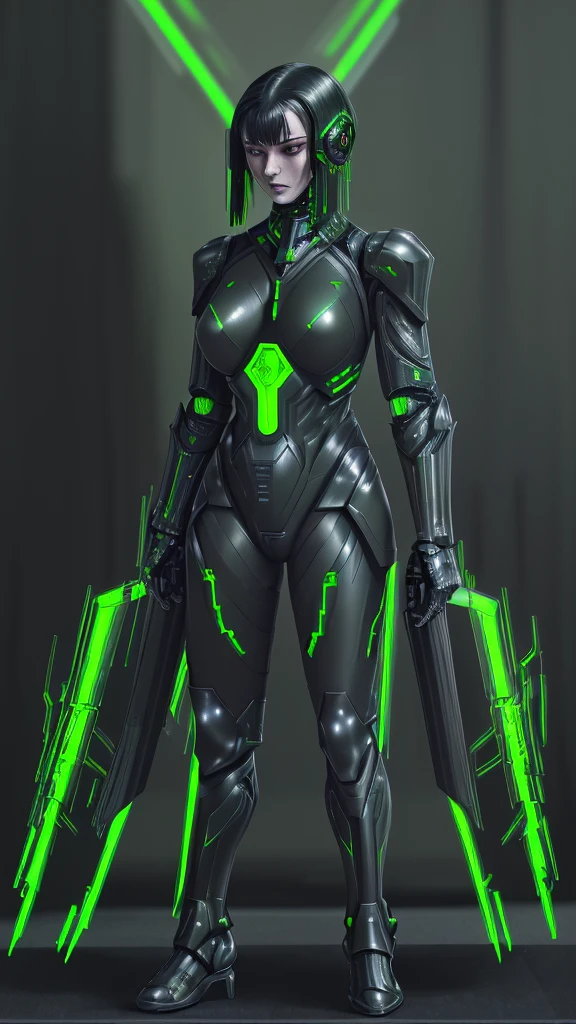 there is a woman in a black suit holding a gun, goth cyber suit, metallic green armor, dressed in stealth armor, green armor, dressed in cybernetic armor, black fire colored reflected armor, bionic armor, cyber suit, cyber fighting armor, Biological armor, cyber suit, corrupted armor, dressed in sci-fi military armor, cyberpunk costume, bionic