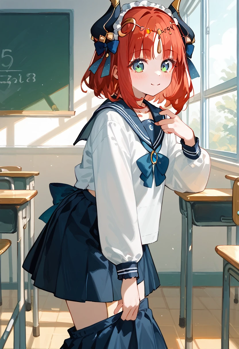 masterpiece,High resolution nilou,One girl,Sailor suit,classroom,Red Hair,Short Hair,high school girl,Pull up your skirt,nsfw,Show your pants,