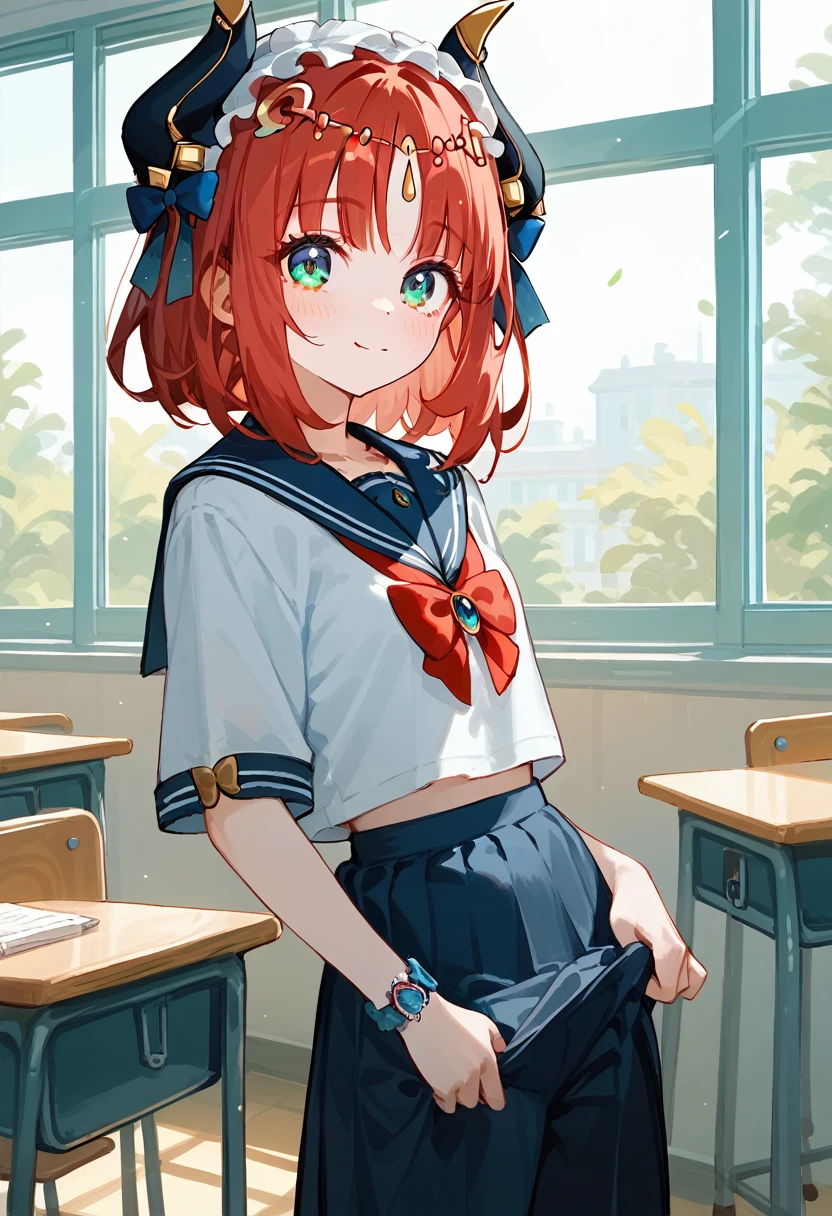 masterpiece,High resolution nilou,One girl,Sailor suit,classroom,Red Hair,Short Hair,high school girl,Pull up your skirt,nsfw,Show your pants,